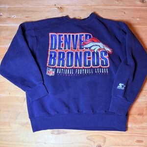 Vintage Starter Denver Broncos NFL Sweatshirt Navy Blue Crewneck Mens L Large